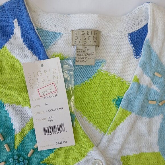 Sigrid Olsen Sport Beaded Floral Sweater Cardigan Sz M Ruffle Long Sleeve NWT - Picture 3 of 8